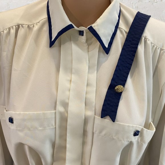 VINTAGE MICHELLE STUART -- Cream Blouse with Navy Trim/Navy Buttons/Navy Tie - Picture 7 of 16